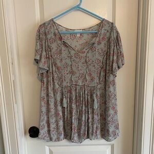 J. Jill Cornflower Blue Floral Peasant Tasseled Blouse